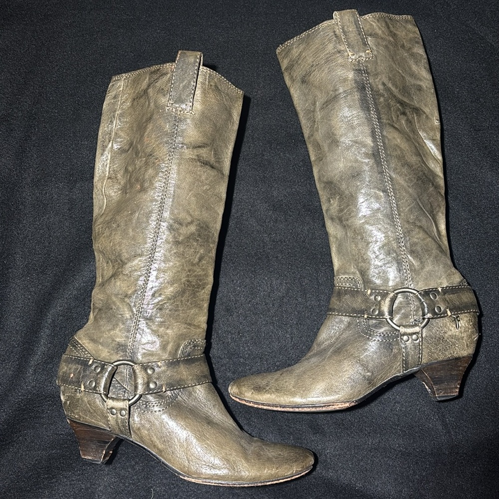 Frye boots steffi harness leather knee high kitten‎ heel boots olive brown 3